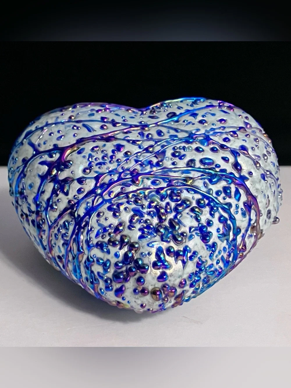 ART GLASS Iridescent Heart / SILVER & PEACOCK-BLUE / Thick, HAND-BLOWN Ornament